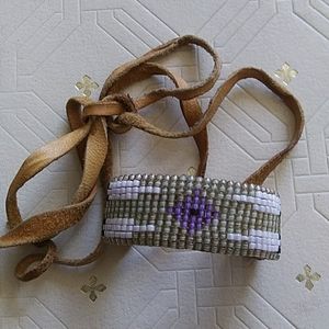 Antique vintage southwestern beaded leather hair decor tie barrette feather